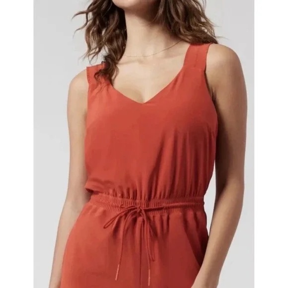 ATHLETA SAVANNAH Strap Mini Dress M Orange V-Neck Sleeveless Drawstring - Picture 2 of 7
